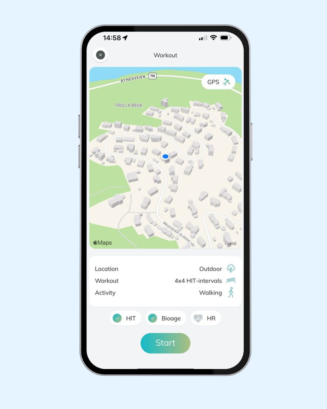 Myworkout app screen with biological age and training data