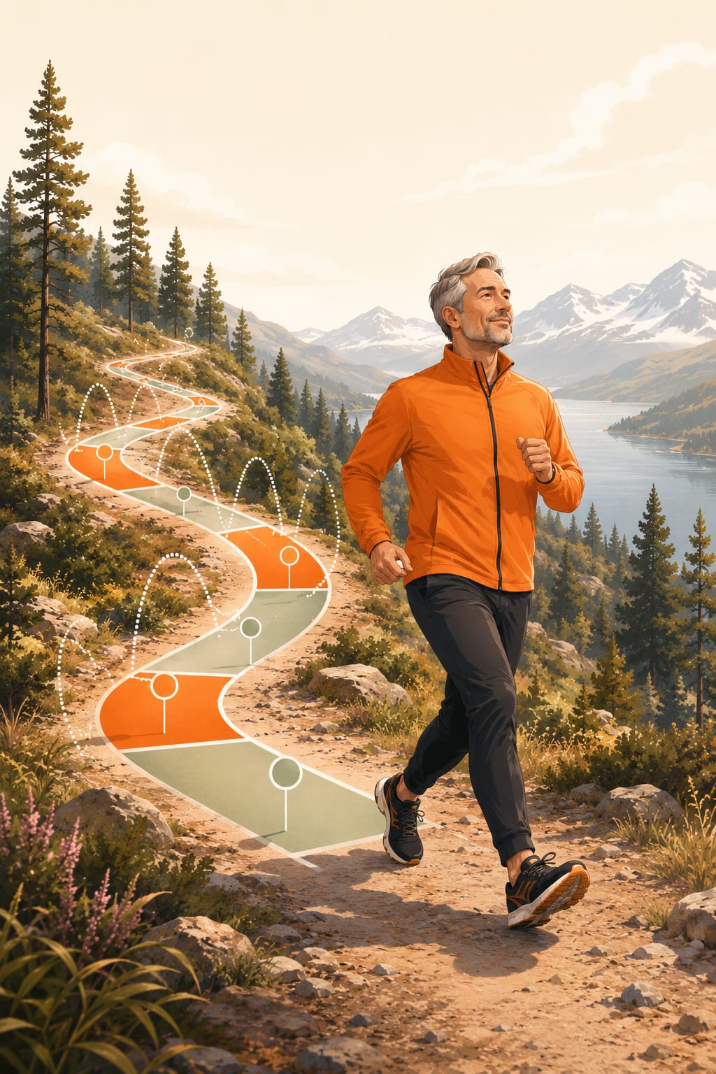 Illustration of a man walking on a mountain trail with a stylized 4x4 interval path